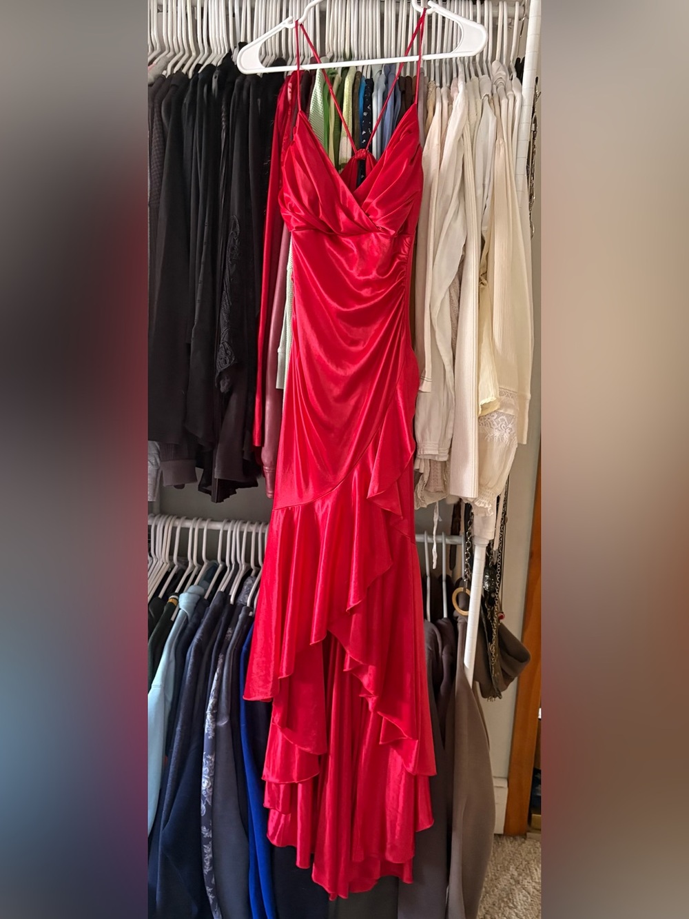 City Triangles Red Satin High-Low Ruffle Evening Dress